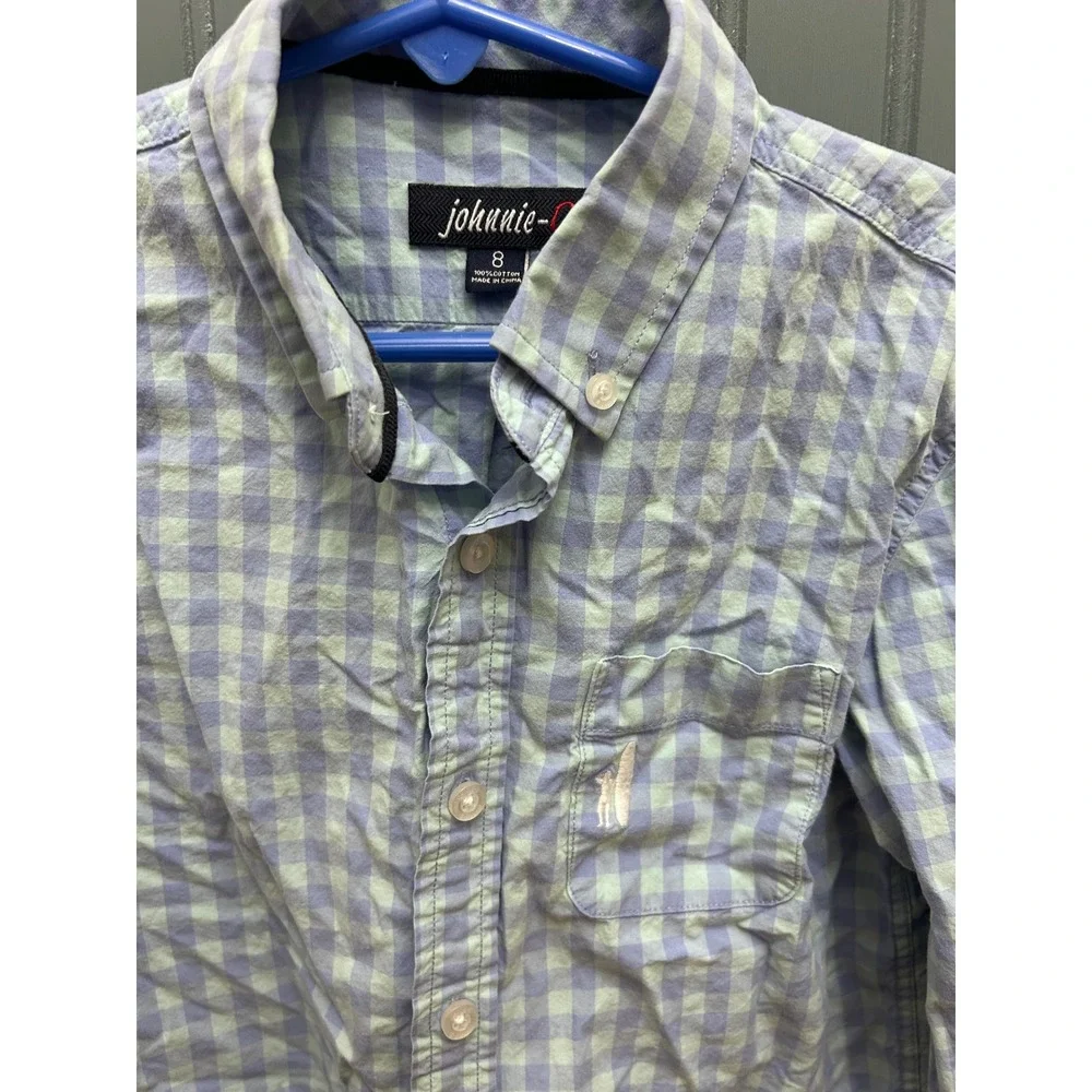 Johnnie-O Boys Blue Green Gingham Long Sleeve Button Down Shirt Size 8